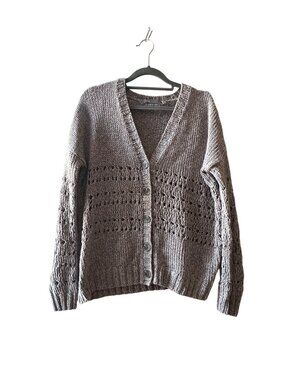 Vince Gray Cardigan With Button Front & Open Weave Detail Cotton Blend  Size L